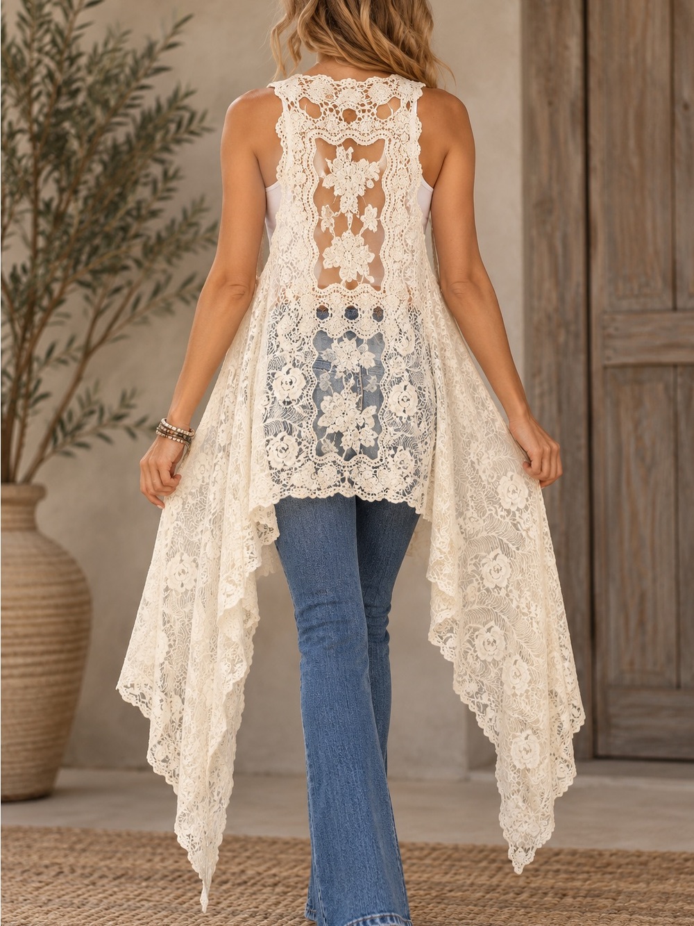 Haute Monde Ivory Lace Duster Vest Boho Openwork Back Longline L